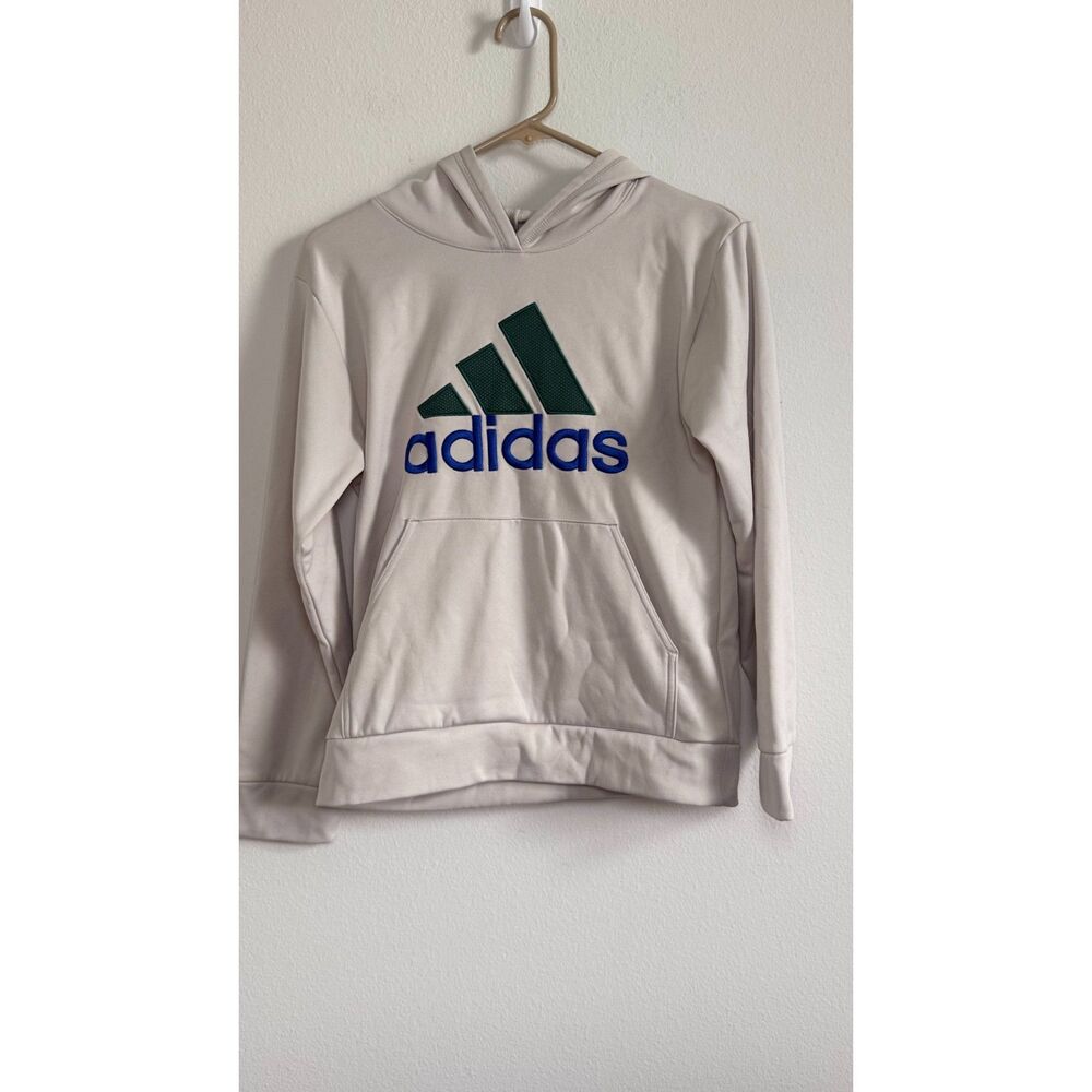 Adidas Youth M 10/12 Cream Pullover Hoodie Green Blue Big Logo Athletic